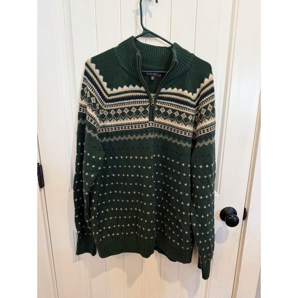 J Crew Mercantile Mens XL Fair Isle Sweater Green Wool Blend Quarter Zip